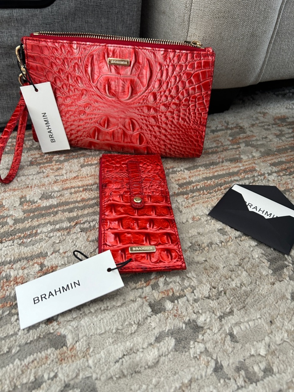 Brahmin Red Croc-Embossed Wristlet and Matching Wallet Set